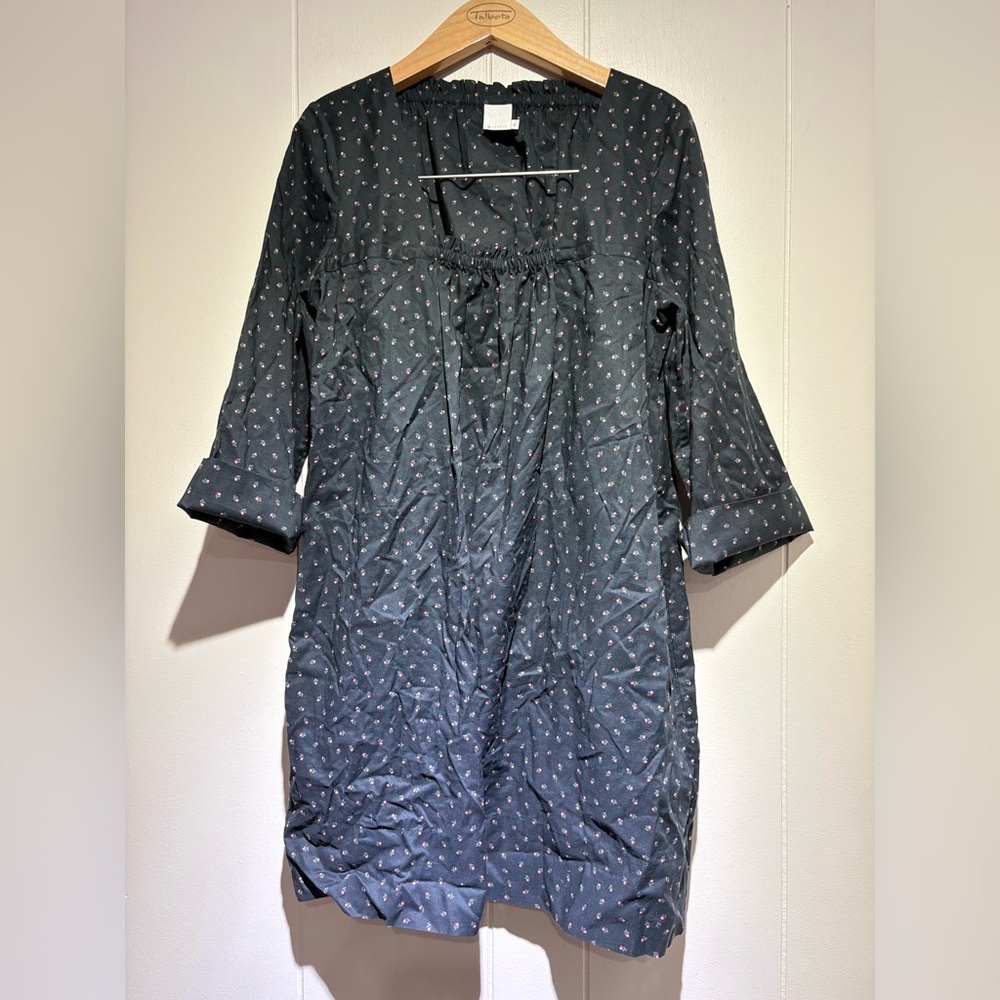 Malia Mills black floral shift dress with belt 6 cotton cottagecore